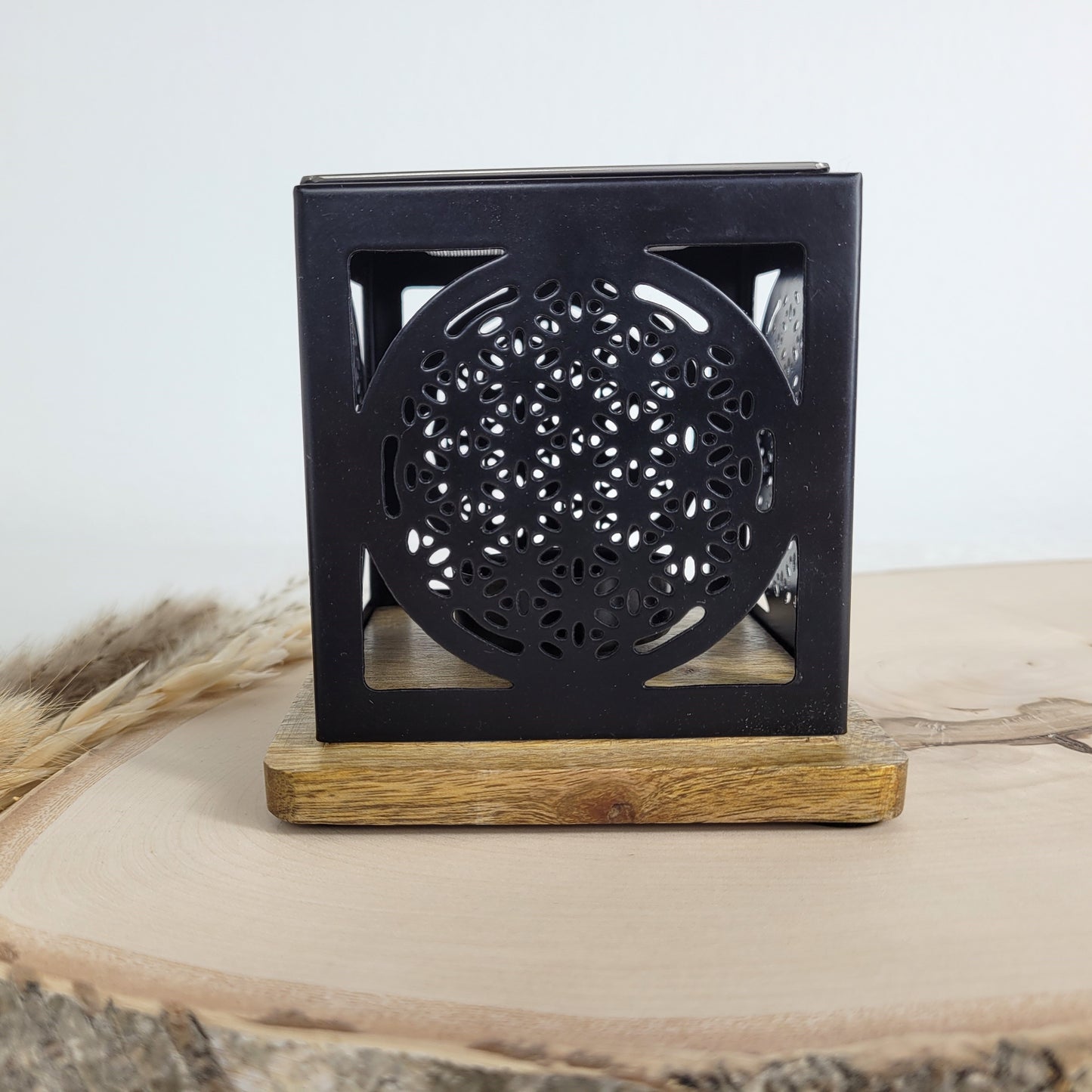 Räucherstövchen ´Blume des Lebens´ viereckig mit Holzsockel