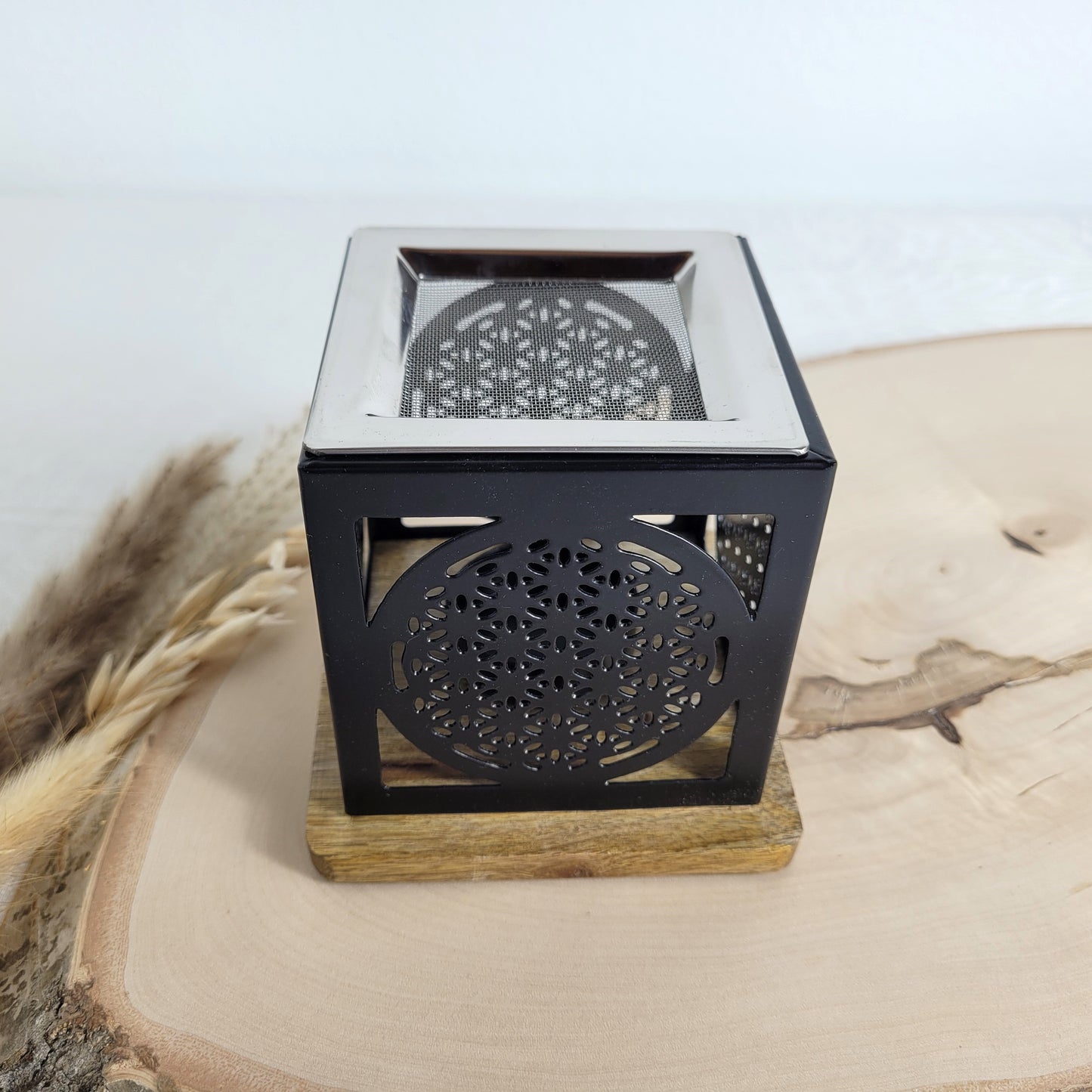 Räucherstövchen ´Blume des Lebens´ viereckig mit Holzsockel