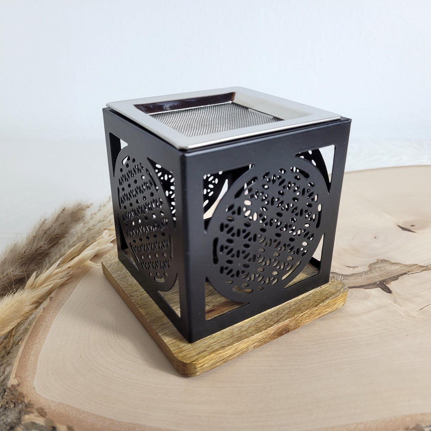 Räucherstövchen ´Blume des Lebens´ viereckig mit Holzsockel