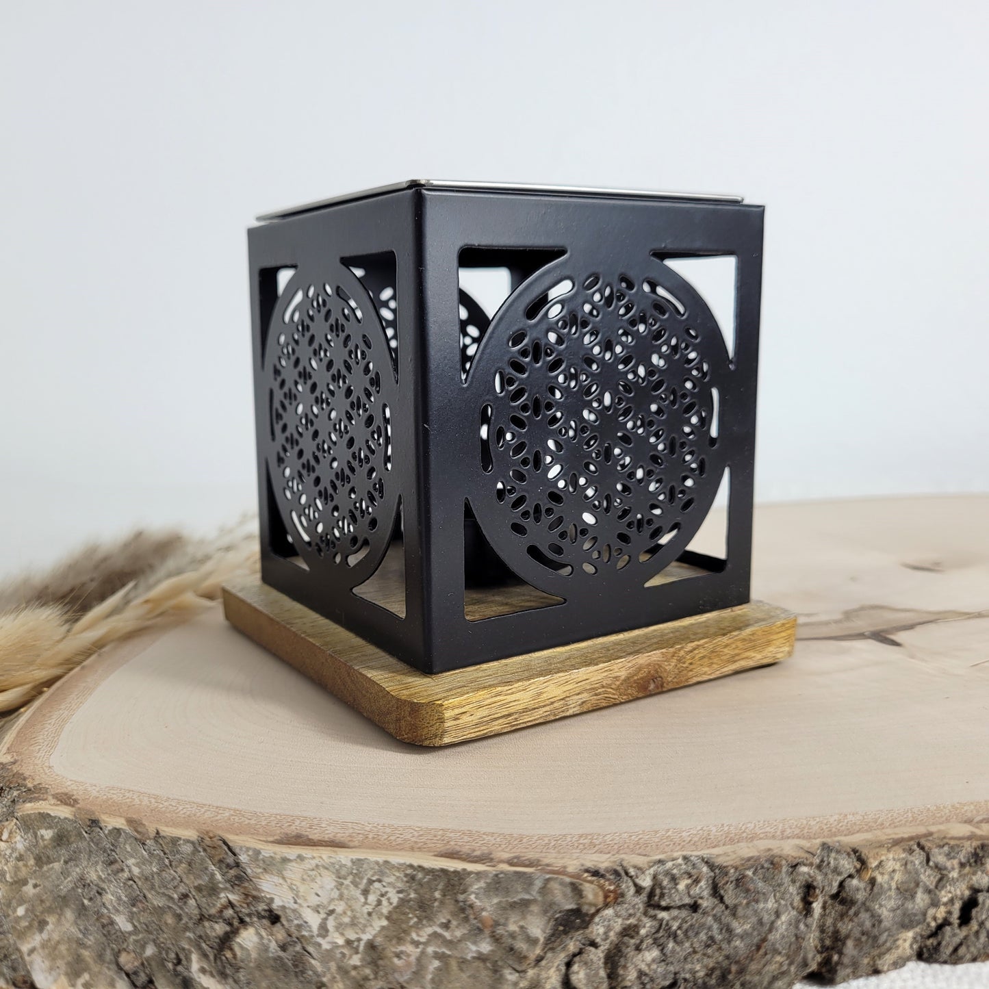 Räucherstövchen ´Blume des Lebens´ viereckig mit Holzsockel