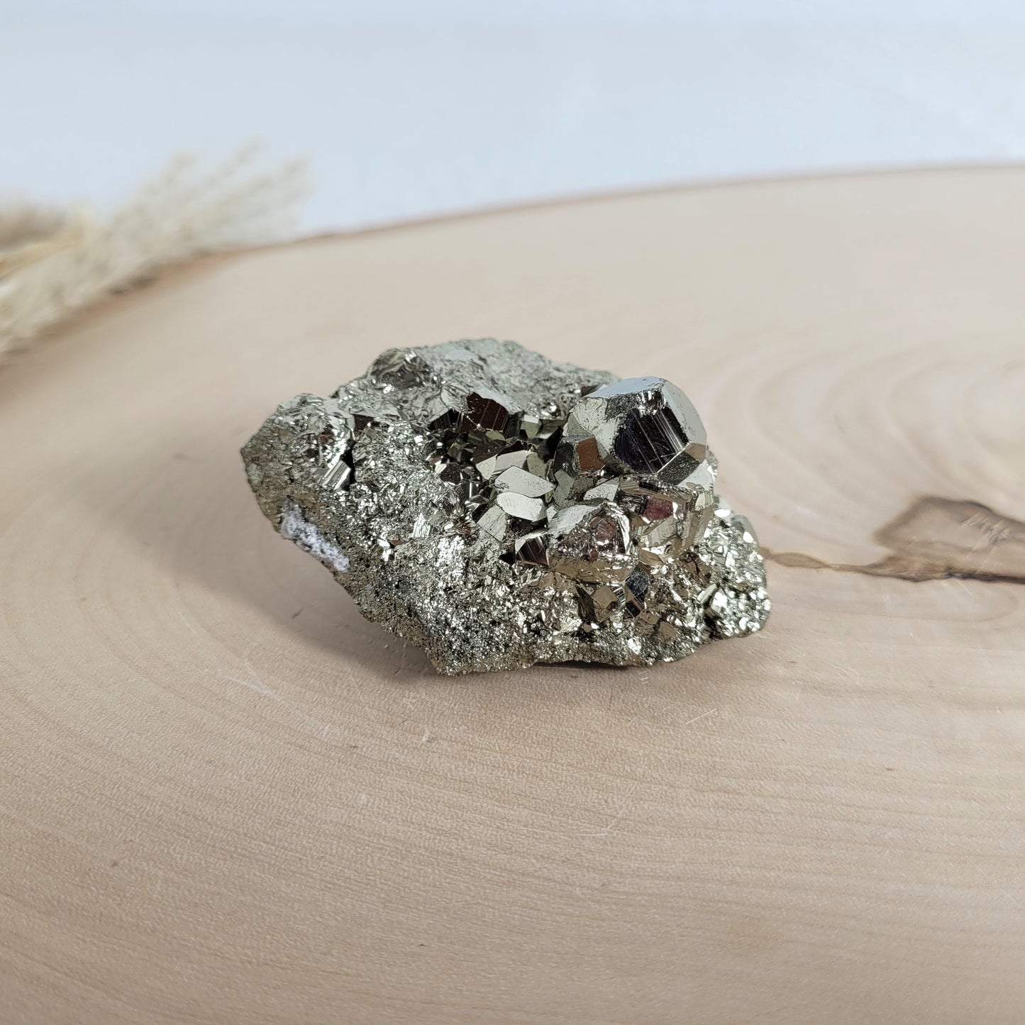 Pyrit-Kristallstufe auf einer Holzscheibe als natürlicher Hintergrund. Die metallisch glänzenden Kristalle heben sich kontrastreich vom warmen Holzton ab.