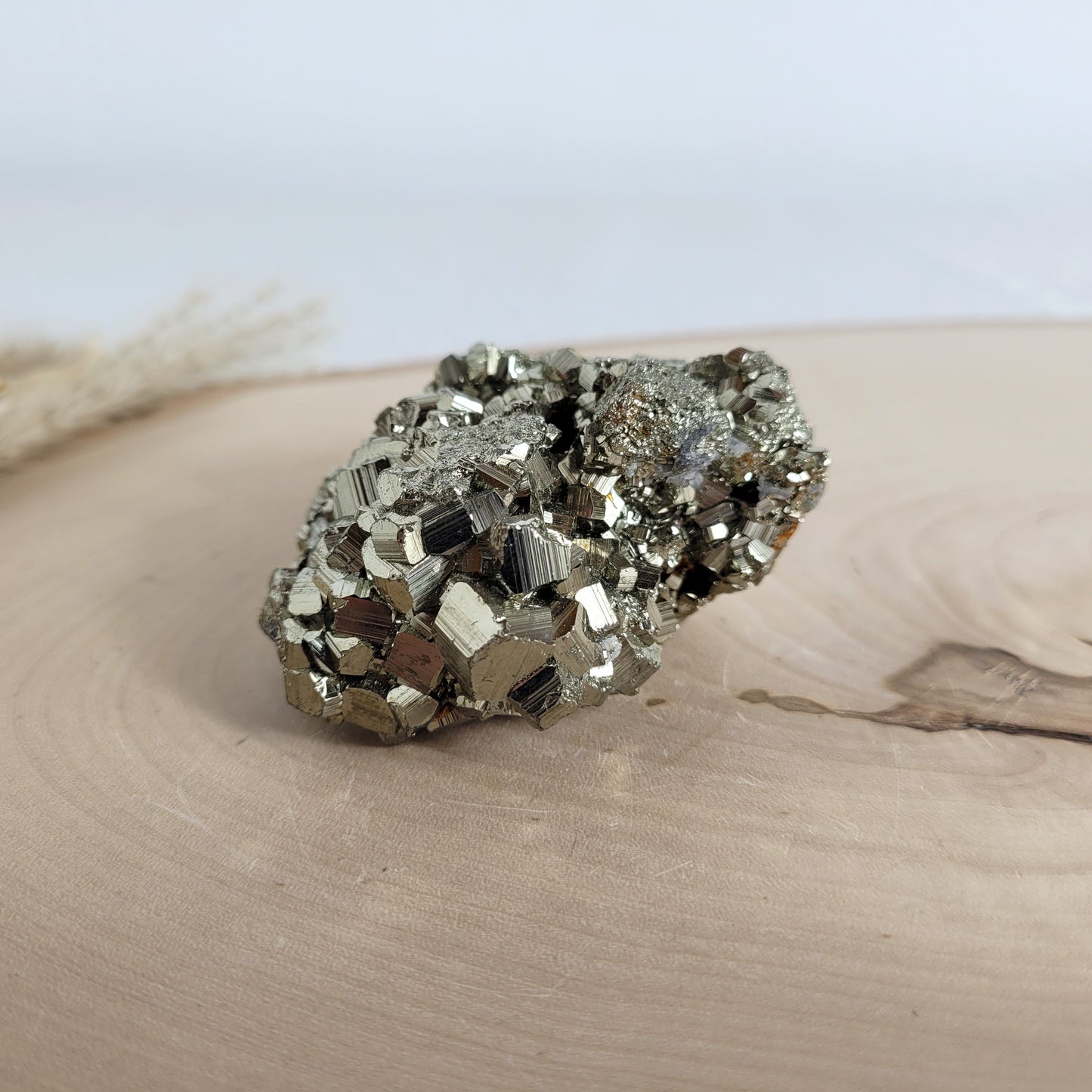 Pyrit-Kristallstufe auf einer Holzscheibe als natürlicher Hintergrund. Die metallisch glänzenden Kristalle heben sich kontrastreich vom warmen Holzton ab.
