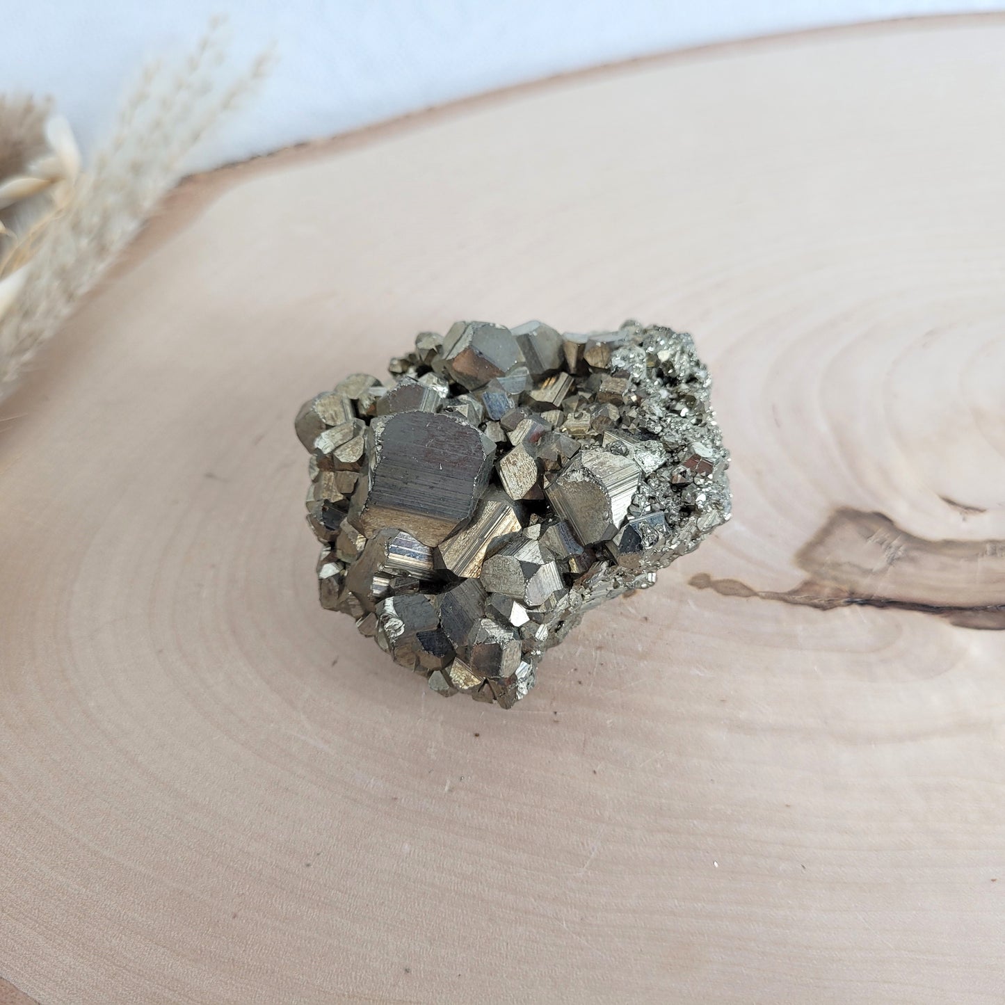 Pyrit-Kristallstufe auf einer Holzscheibe als natürlicher Hintergrund. Die metallisch glänzenden Kristalle heben sich kontrastreich vom warmen Holzton ab.
