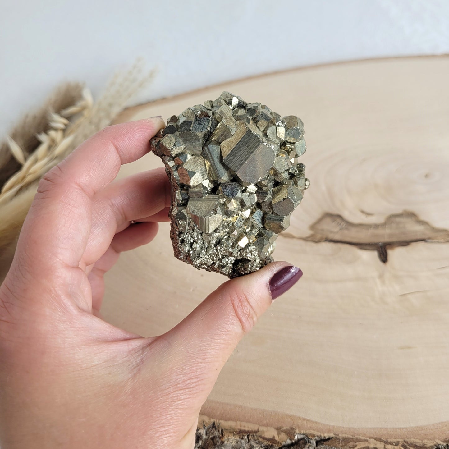 Pyrit-Kristallstufe auf einer Holzscheibe als natürlicher Hintergrund. Die metallisch glänzenden Kristalle heben sich kontrastreich vom warmen Holzton ab.