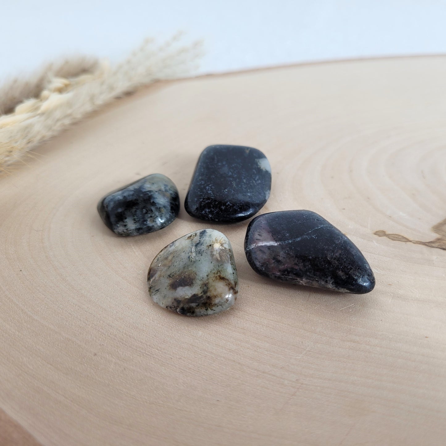 Pegmatit Nephelin-Syenit Trommelstein mit seltenen Mineralien auf einer Holzscheibe fotografiert.
