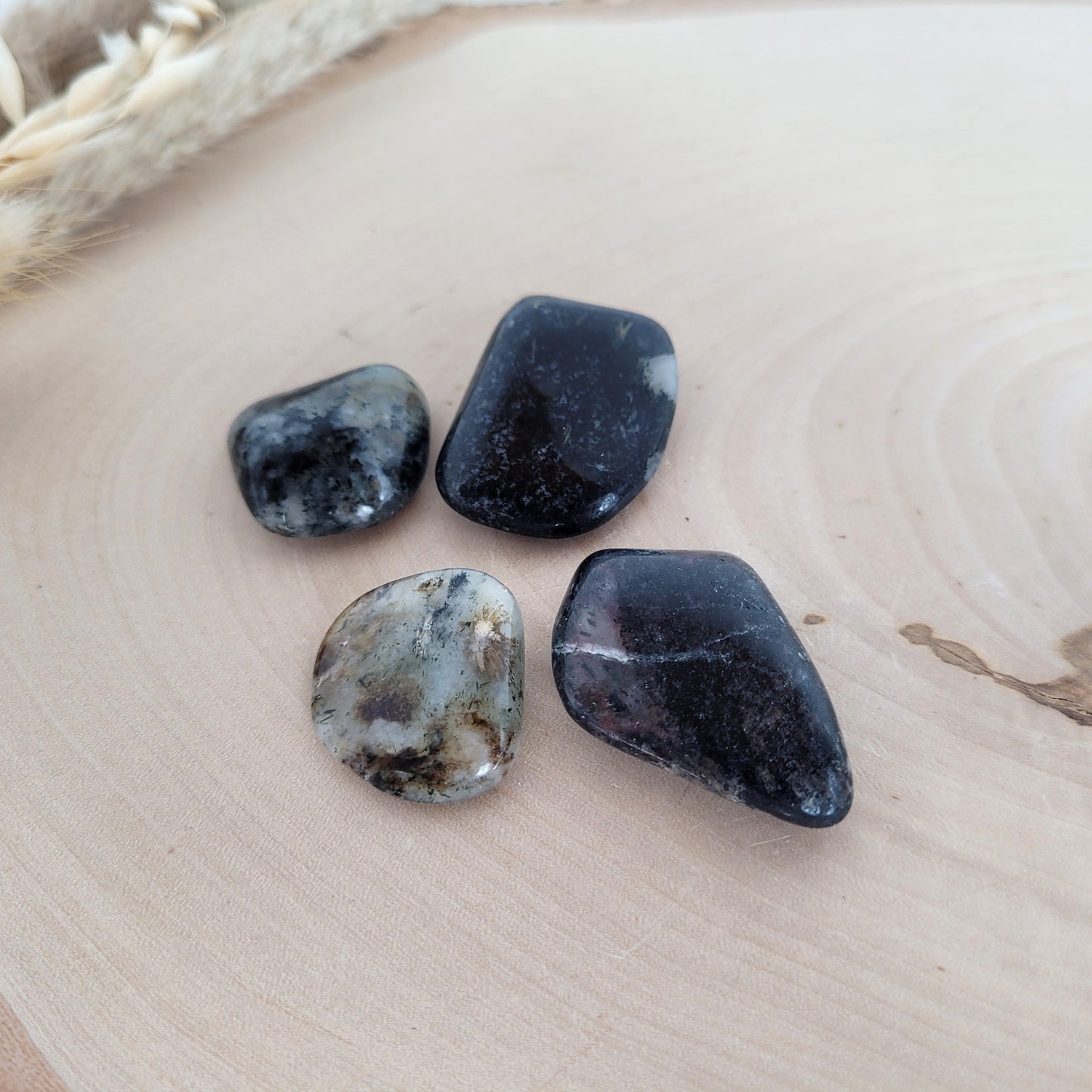 Pegmatit Nephelin-Syenit Trommelstein mit seltenen Mineralien auf einer Holzscheibe fotografiert.