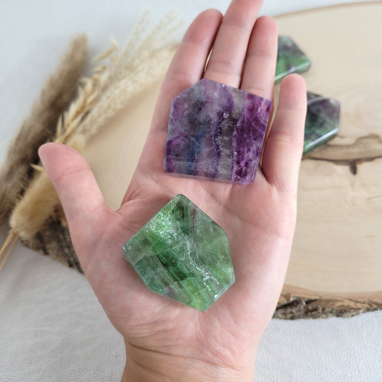 Bunte Fluorit Kristallscheibe mit Bänderung und leuchtender Struktur, präsentiert auf einer runden naturbelassenen Holzscheibe jede Scheibe ein Unikat