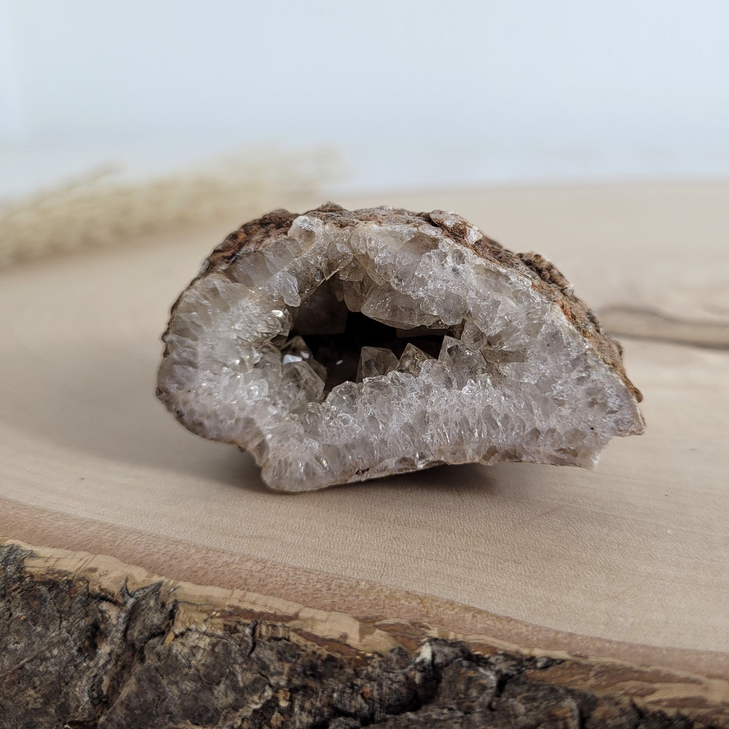 Diese Achat Geode zeigt ihre natürliche Schönheit mit kräftigen Farben, einer funkelnden Kristalldruse und wilden Mustern. Vorderseitig poliert, sonst naturbelassen.