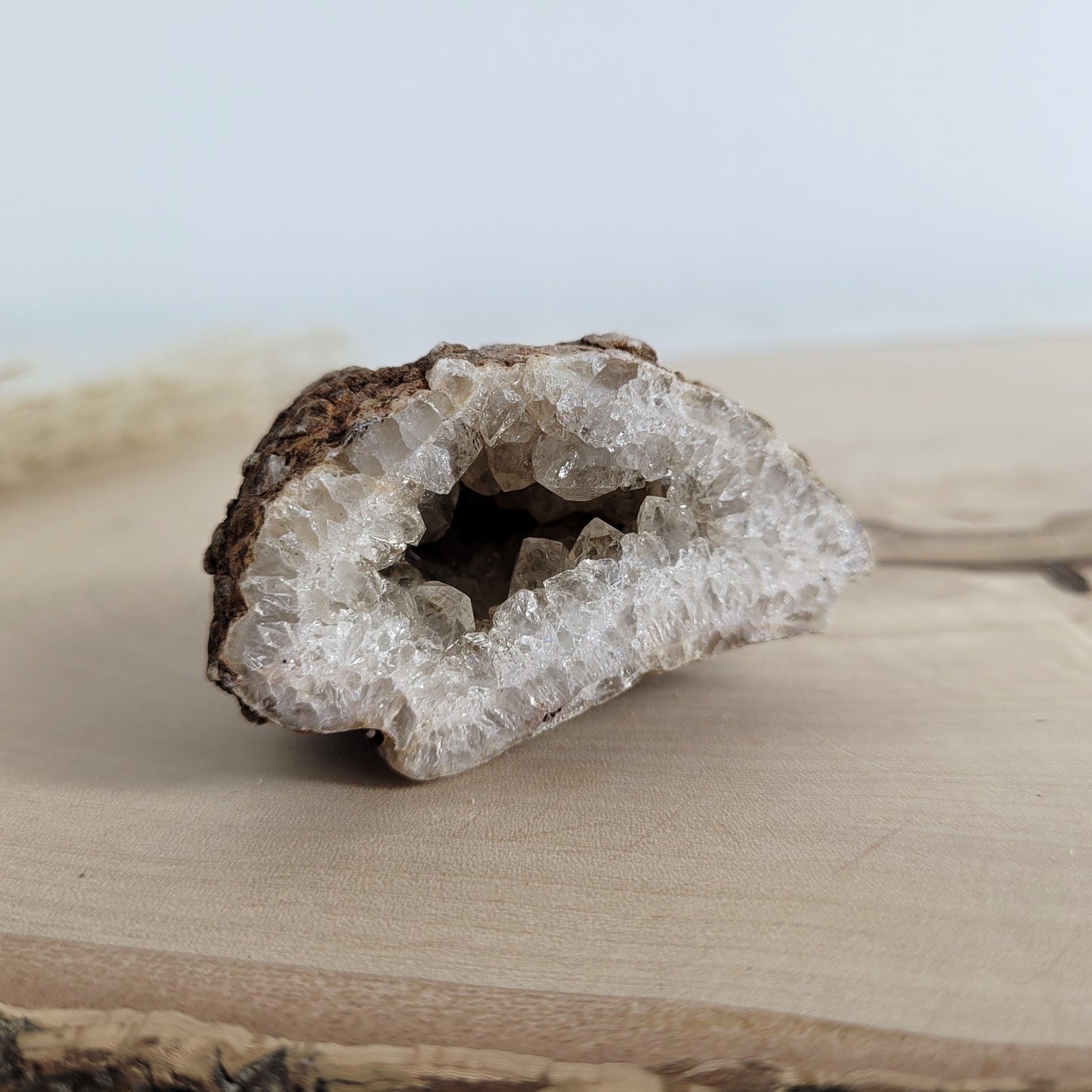 Diese Achat Geode zeigt ihre natürliche Schönheit mit kräftigen Farben, einer funkelnden Kristalldruse und wilden Mustern. Vorderseitig poliert, sonst naturbelassen.