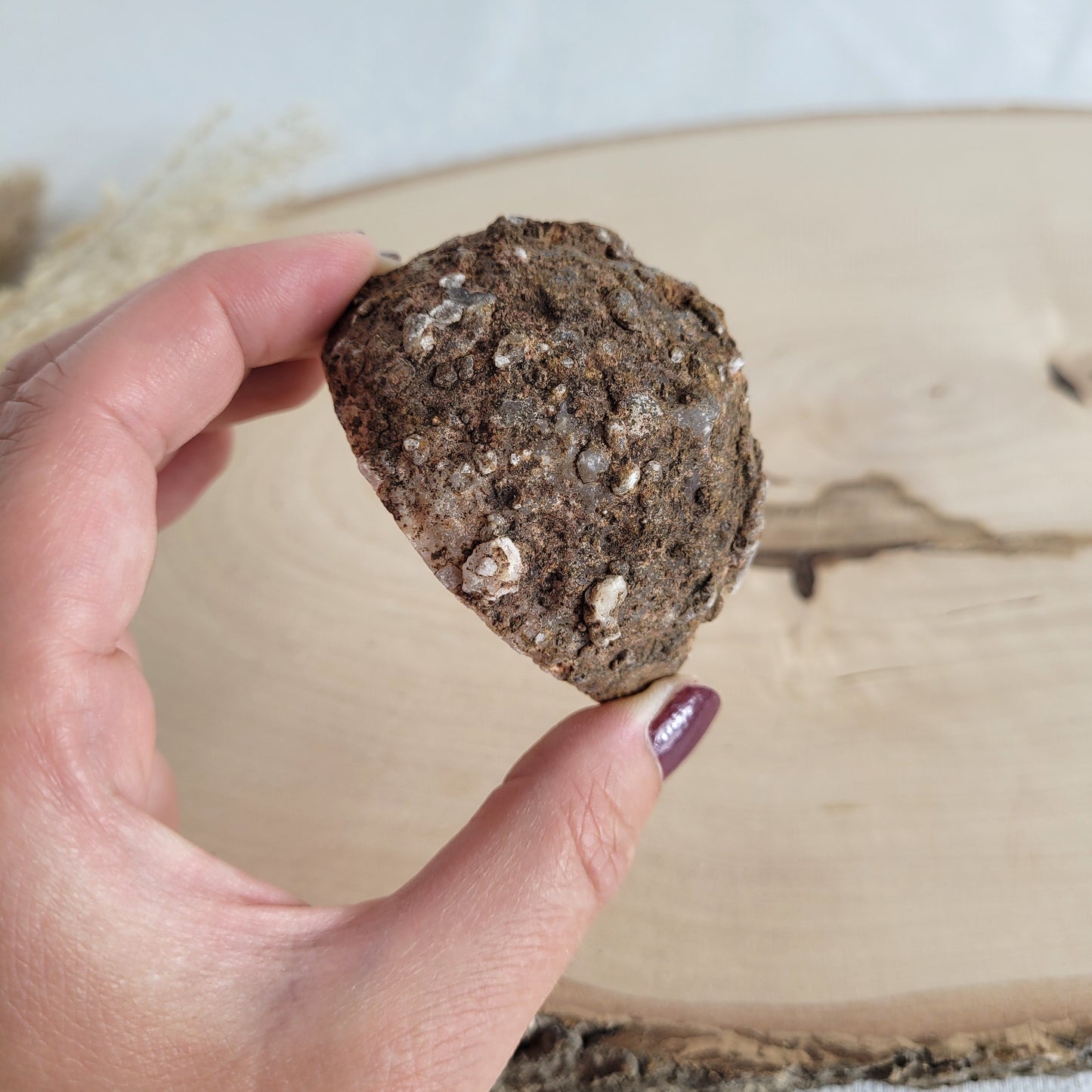Diese Achat Geode zeigt ihre natürliche Schönheit mit kräftigen Farben, einer funkelnden Kristalldruse und wilden Mustern. Vorderseitig poliert, sonst naturbelassen.