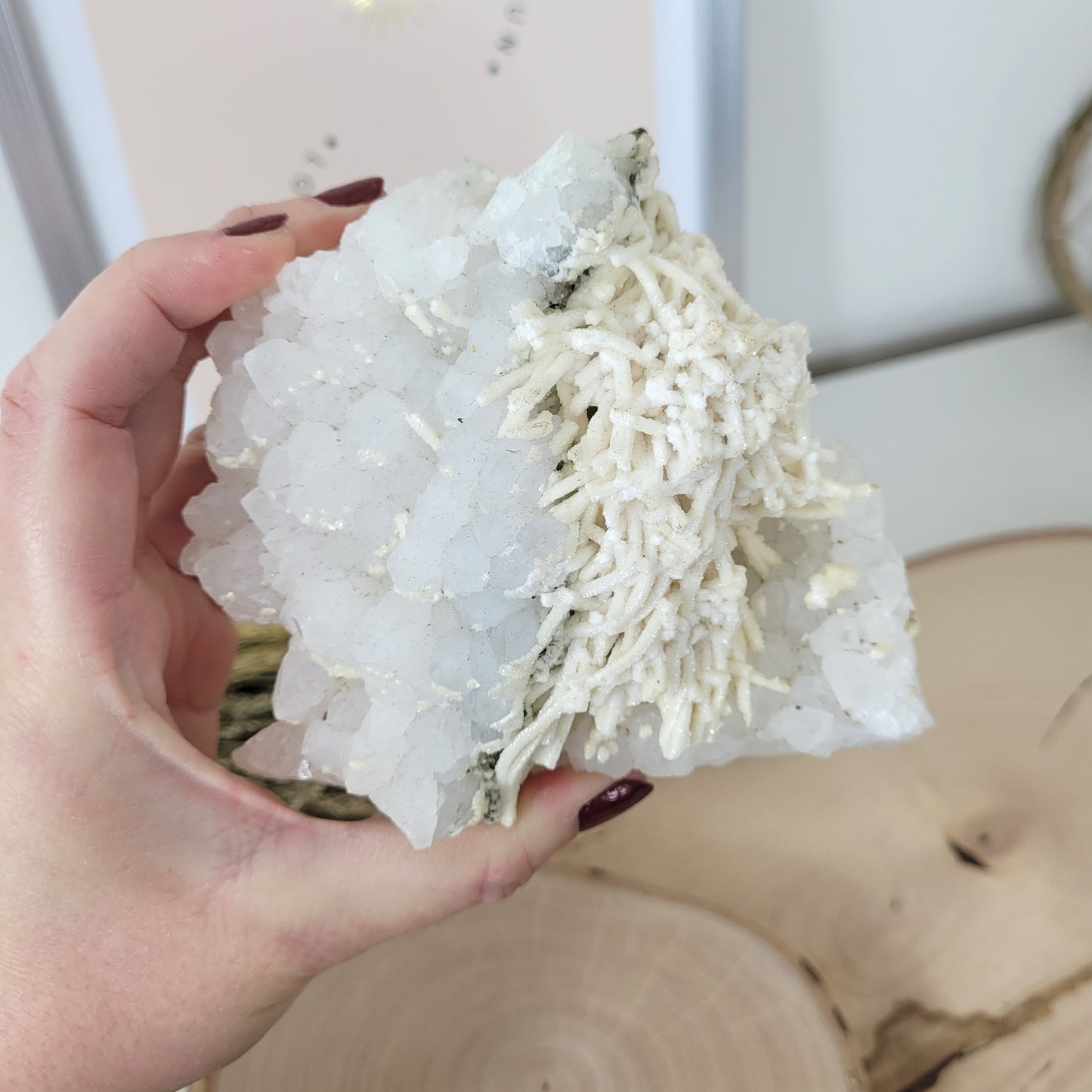 Bergkristallstufe mit Calcit Pseudomorphose nach Aragonit Eisenblüte und Markasit 12 x 9,3cm, 721g aus Rumänien Cavnic Sammlermineralien