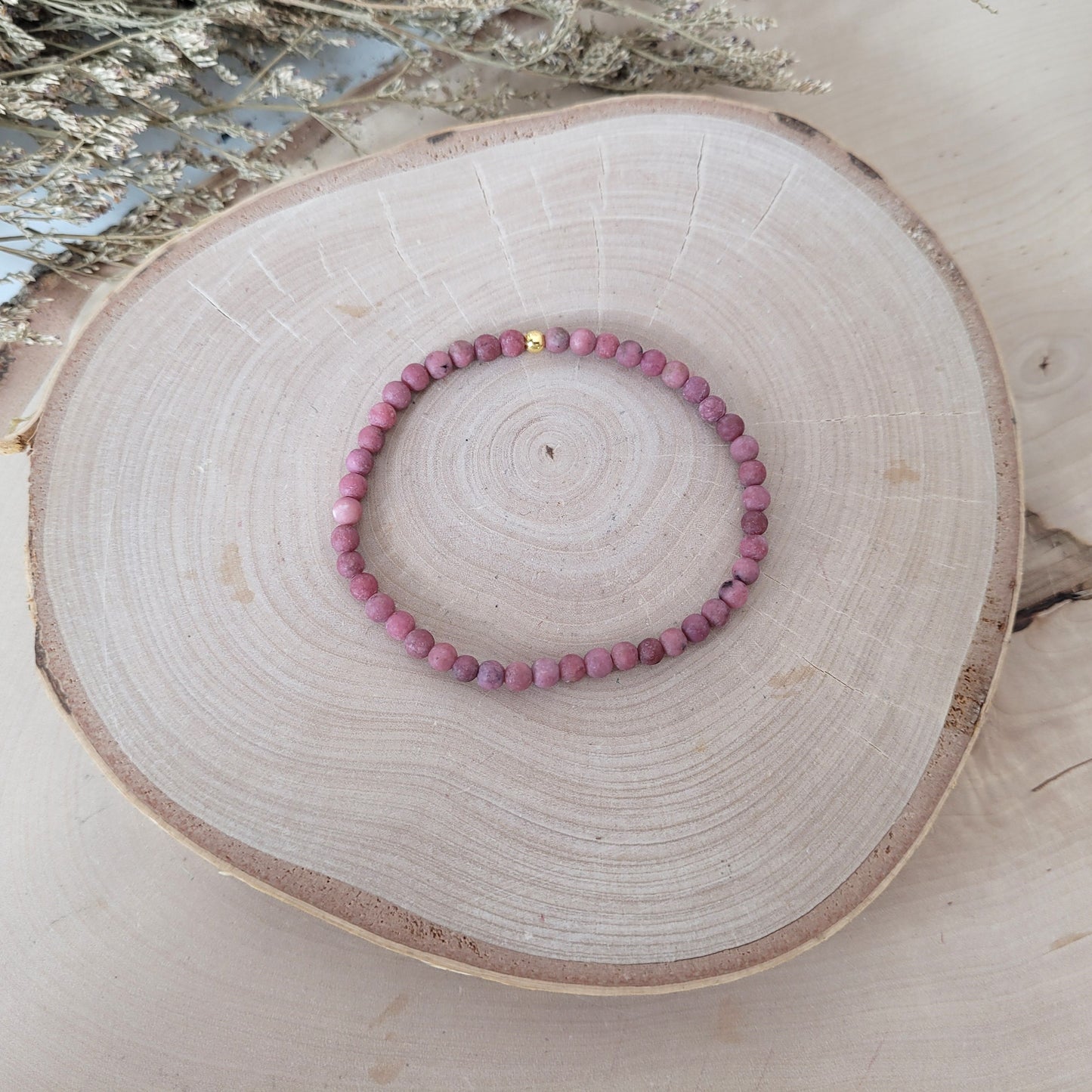 Rhodonit Armband Kugeln matt 4 mm mit Silber 925 vergoldet Perle