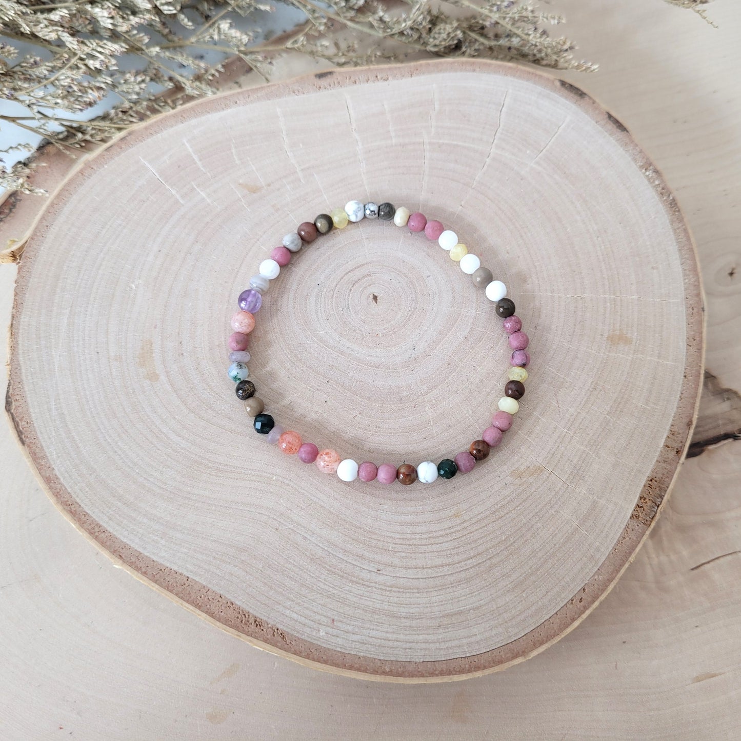 Confetti Perlen Mix "Drachenschuppe" Armband 4 mm mit Edelstahl Perle, alle Steinsorten in der Beschreibung