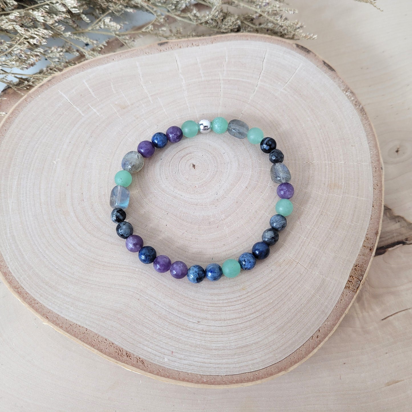 Confetti Perlen Mix "Moonchild" Armband 6 mm mit Silber 925 Perle, alle Steinsorten in der Beschreibung