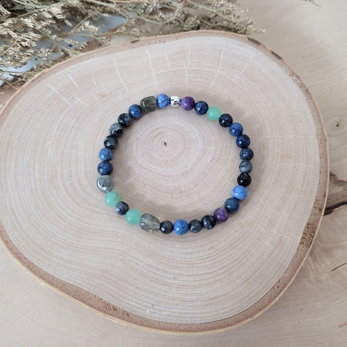 Confetti Perlen Mix "Moonchild" Armband 6 mm mit Silber 925 Perle, alle Steinsorten in der Beschreibung