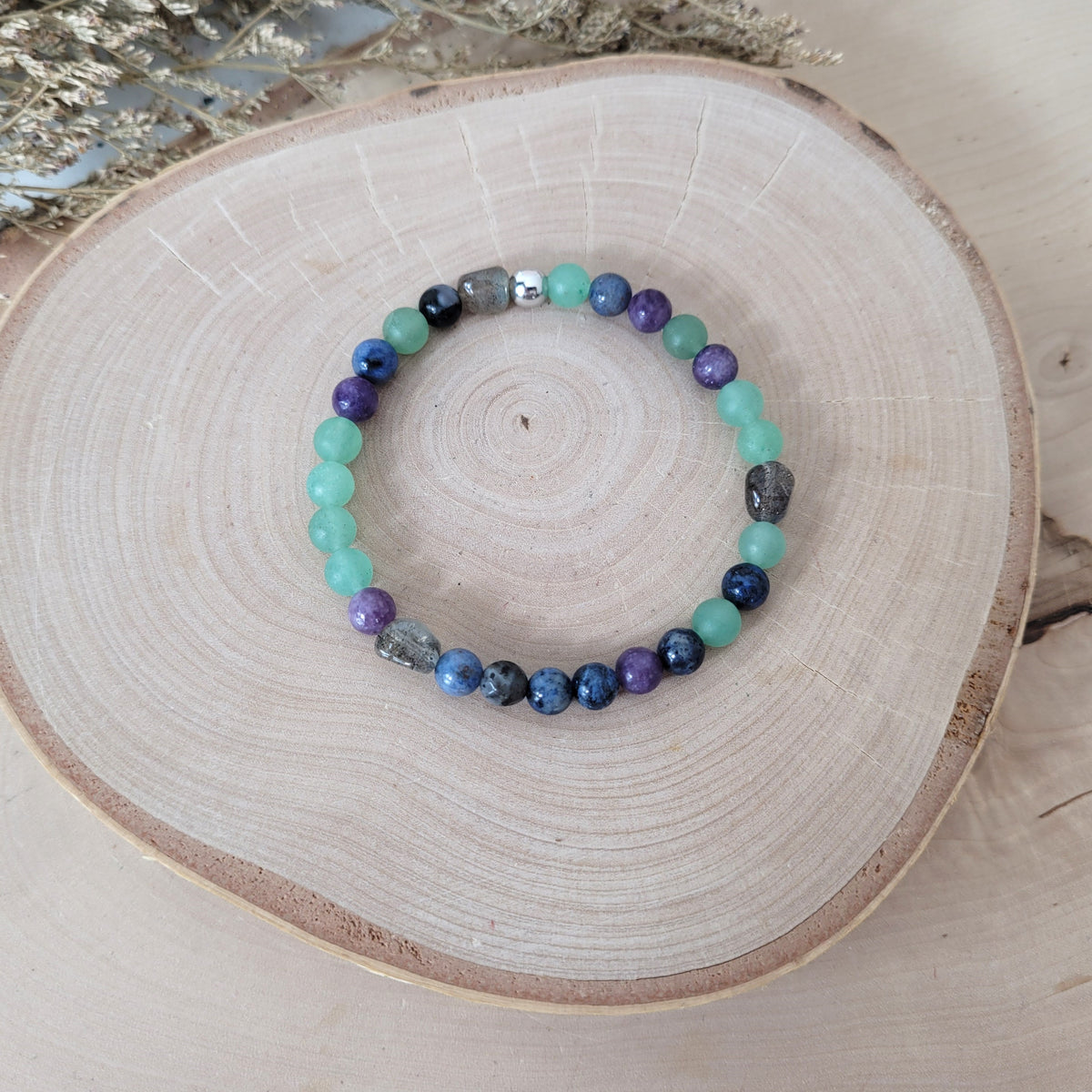 Confetti Perlen Mix "Moonchild" Armband 6 mm mit Silber 925 Perle, alle Steinsorten in der Beschreibung