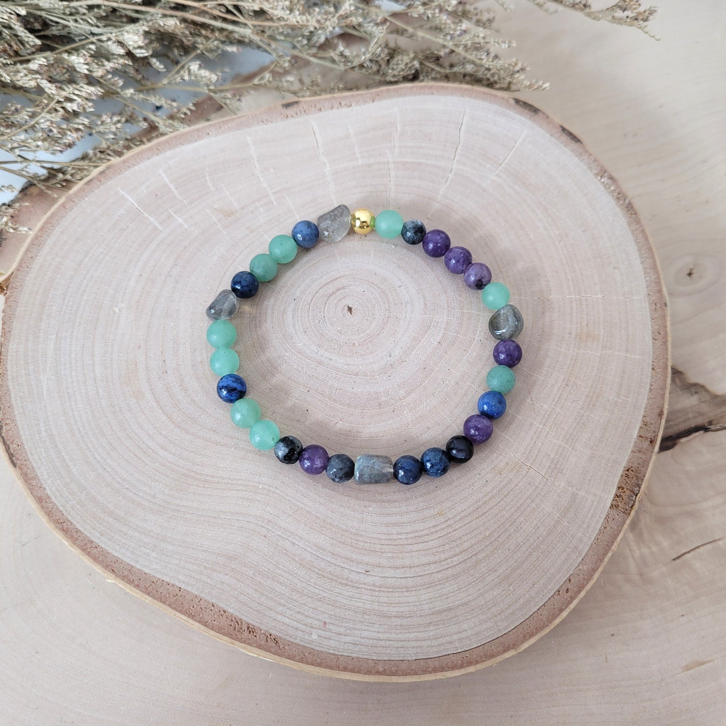 Confetti Perlen Mix "Moonchild" Armband 6 mm mit Silber 925 vergoldet Perle, alle Steinsorten in der Beschreibung