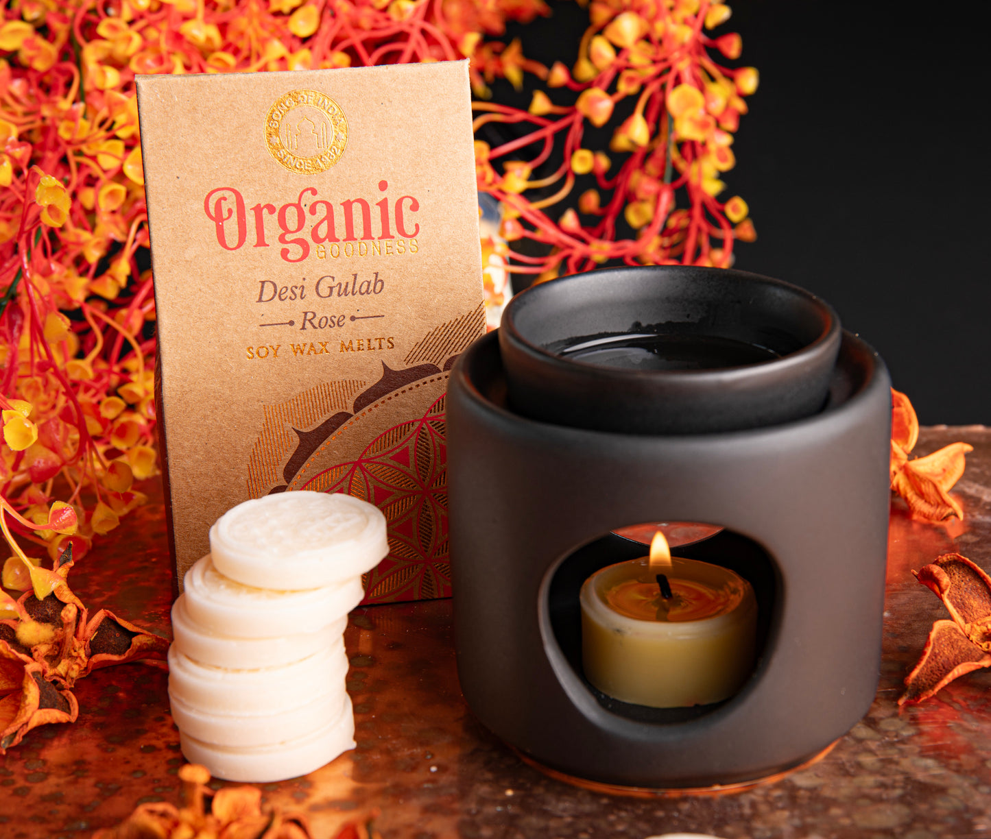 Organic Goodness Sojawachstaler Wildrose mit Blume des Lebens für Aromalampen