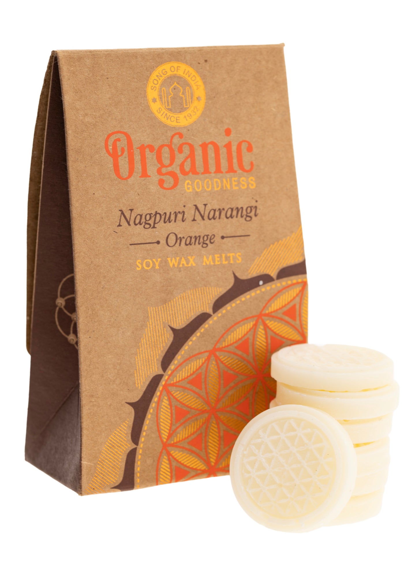 Organic Goodness Sojawachstaler Orange mit Blume des Lebens für Aromalampen
