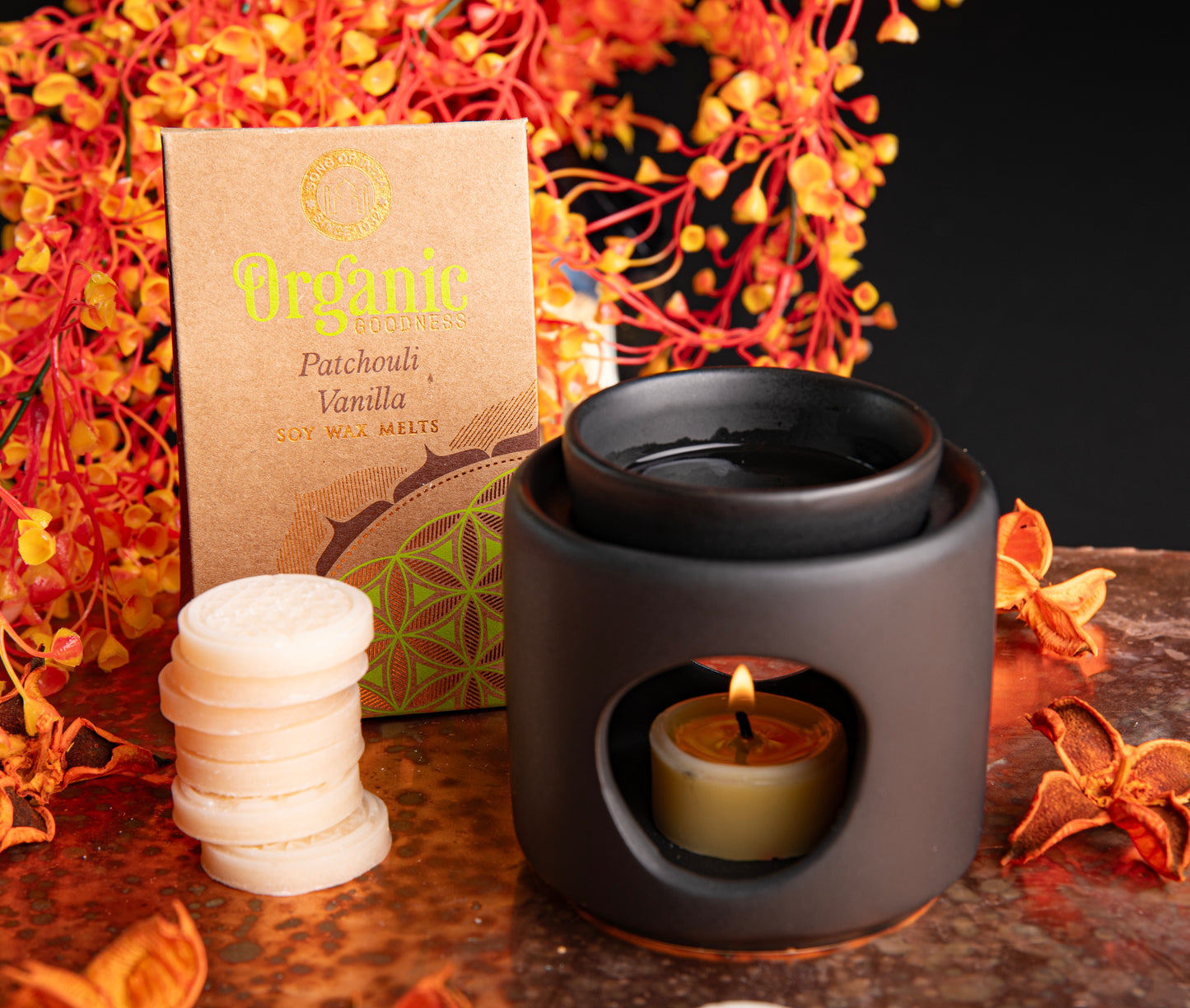 Organic Goodness Sojawachstaler Patchouli und Vanille mit Blume des Lebens für Aromalampen