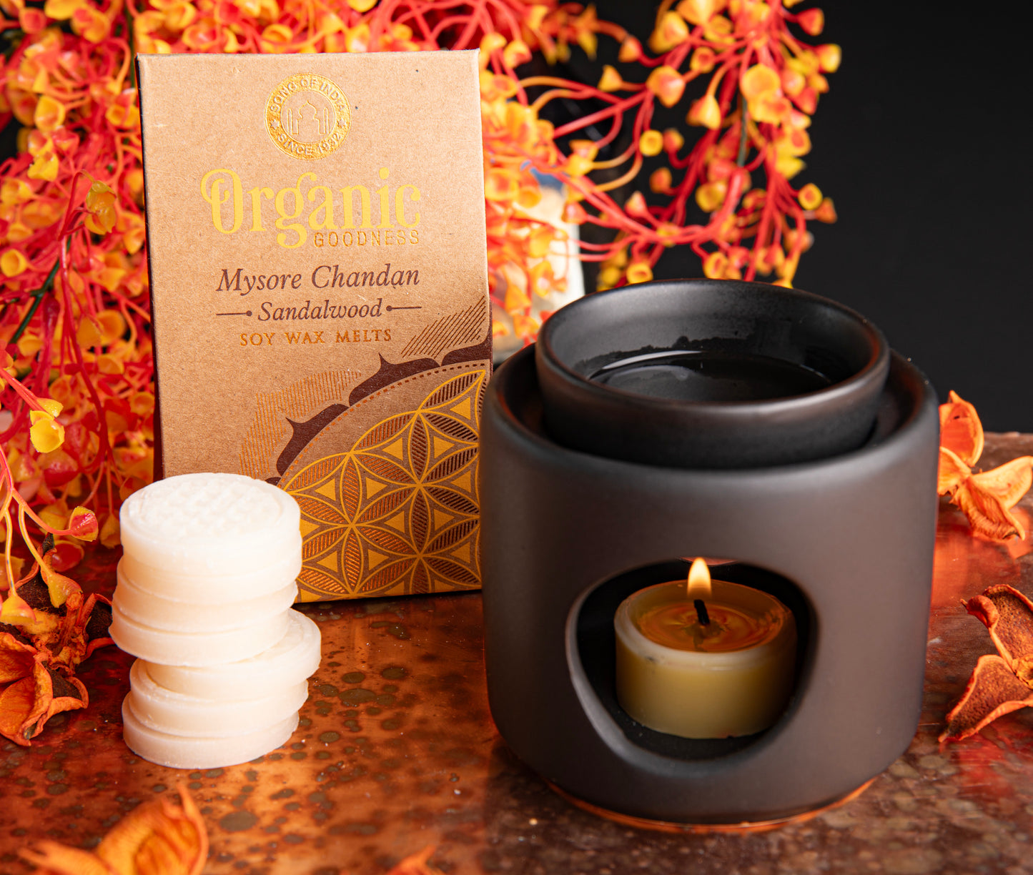 Organic Goodness Sojawachstaler Sandelholz mit Blume des Lebens für Aromalampen