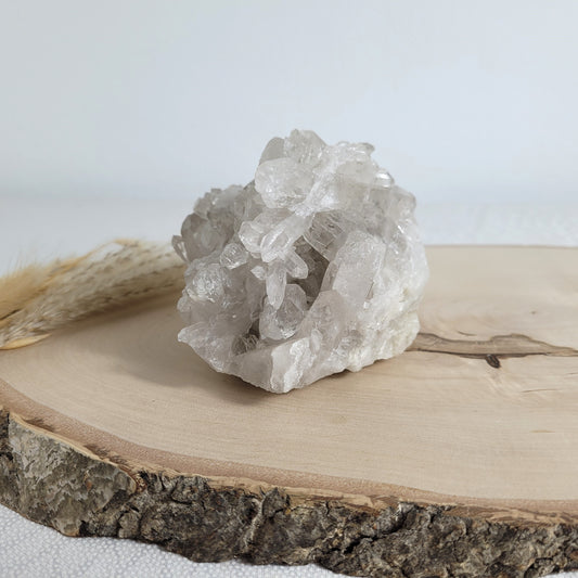 Bergkristall Naturstufe mit klaren Kristallen, platziert auf einer Holzscheibe, neutraler Hintergrund.
