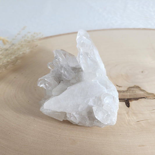 Bergkristall Naturstufe mit klaren Kristallen, platziert auf einer Holzscheibe, neutraler Hintergrund.
