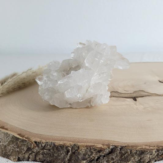 Bergkristall Naturstufe mit klaren Kristallen, platziert auf einer Holzscheibe, neutraler Hintergrund.