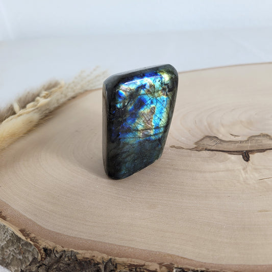 Labradorit Freiform mit natürlichem, intensivem Farbspiel, präsentiert auf einer Holzscheibe. Die typische Lamellenstruktur bricht das Licht auf besondere Weise und macht das Stück zu einem besonderen Blickfang.