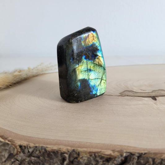 Labradorit Freiform mit natürlichem, intensivem Farbspiel, präsentiert auf einer Holzscheibe. Die typische Lamellenstruktur bricht das Licht auf besondere Weise und macht das Stück zu einem besonderen Blickfang.