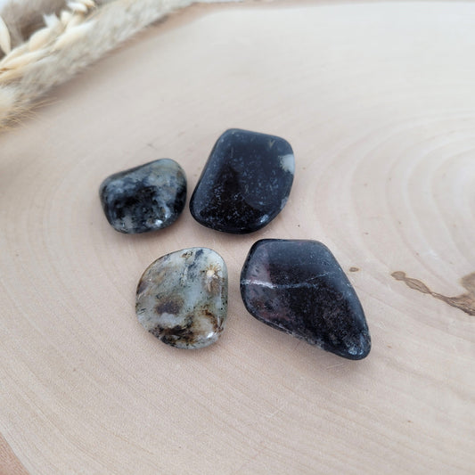 Pegmatit Nephelin-Syenit Trommelstein mit seltenen Mineralien auf einer Holzscheibe fotografiert.