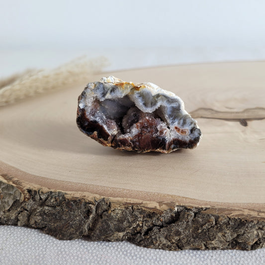 Diese Achat Geode zeigt ihre natürliche Schönheit mit kräftigen Farben, einer funkelnden Kristalldruse und wilden Mustern. Vorderseitig poliert, sonst naturbelassen.
