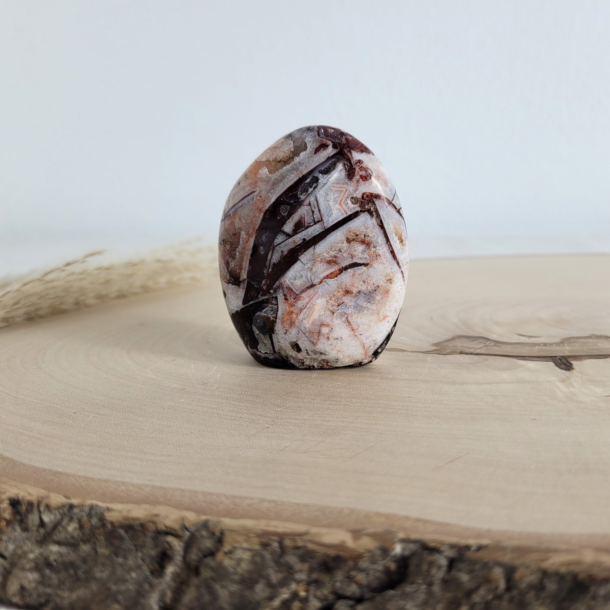 Diese Brekzien Jaspis Freiform zeigt intensive Naturfarben und wilde Muster. Durchzogen von Chalcedon-Adern, die teils kristallin und teils opalisierend sind, entsteht eine faszinierende Tiefe.