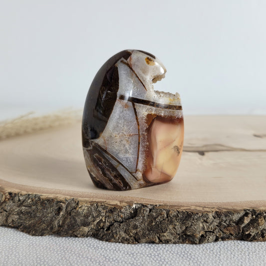 Diese Brekzien Jaspis Freiform zeigt intensive Naturfarben und wilde Muster. Durchzogen von Chalcedon-Adern, die teils kristallin und teils opalisierend sind, entsteht eine faszinierende Tiefe.