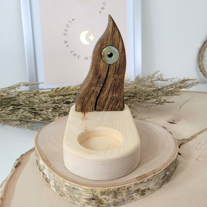 Nussholz "Portalflamme" auf Zirbenholz Sockel Teelichthalter mit Moosachat Donut