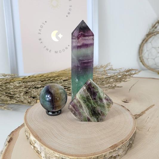 Bundle Angebot des Tages 02.11.25, Fluorit Kugel inklusive Hämatit Ring zum Aufstellen, Fluorit Turm, Fluorit Freiform Scheibe