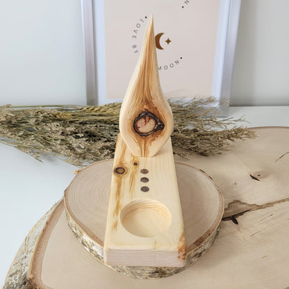 Zirbenholz Seelenlicht "Schutzflamme" Teelichthalter auf Zirbenholz Sockel mit Edelstahl Plättchen