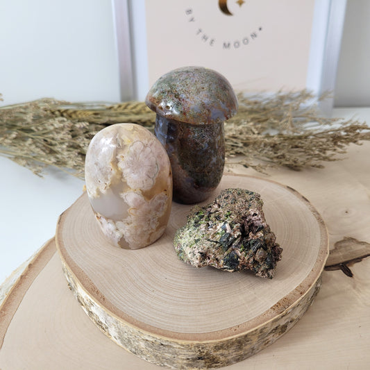 Bundle Angebot des Tages 07.12.25, Blumenachat Freiform, Ozean Jaspis Pilz, Sphalerit Epidot Kristallstufe