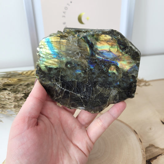 Labradorit Scheibe Rohstein Naturrand 10,6 x 9cm, 156g