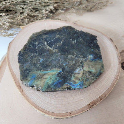 Labradorit Scheibe Rohstein Naturrand 10,6 x 9cm, 156g