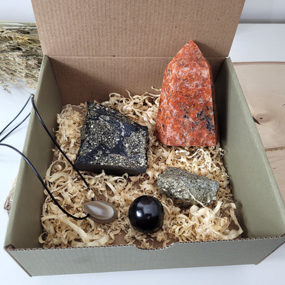 High Energy Box "Schutz & Kraft" Schungit, Feuerstein, Feuercalcit, Pyrit, mit kraftvoller Affirmation, Beschreibung & Anleitung der einzelnen Steinsorten