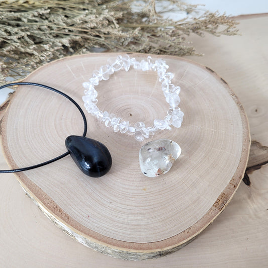 Set "Seelenkompass" Falkenauge Kette, Bergkristall Armband, Topas Trommelstein, mit kraftvoller Set Beschreibung