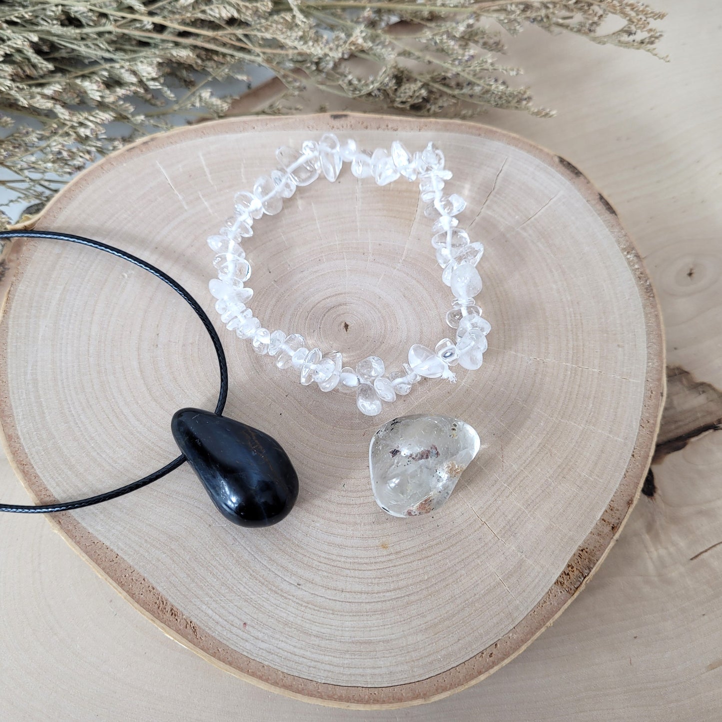 Set "Seelenkompass" Falkenauge Kette, Bergkristall Armband, Topas Trommelstein, mit kraftvoller Set Beschreibung