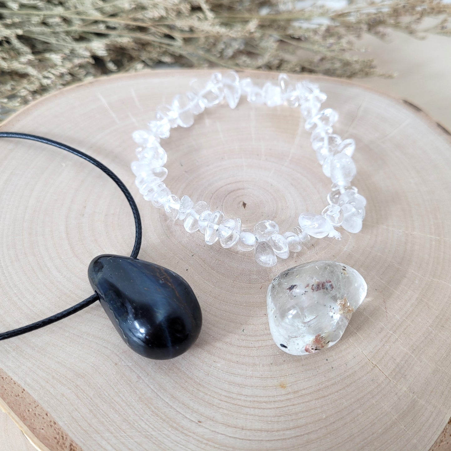 Set "Seelenkompass" Falkenauge Kette, Bergkristall Armband, Topas Trommelstein, mit kraftvoller Set Beschreibung