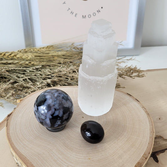 Set "Zwischenwelten" Indigo Gabbro Kugel, Selenit Turm, Rauchquarz Trommelstein, mit kraftvoller Set Beschreibung