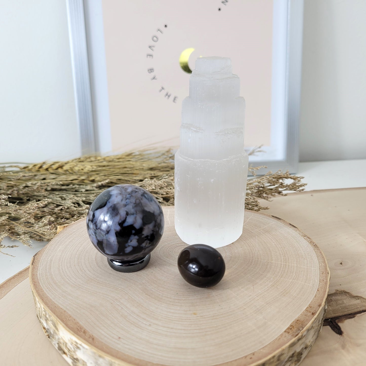 Set "Zwischenwelten" Indigo Gabbro Kugel, Selenit Turm, Rauchquarz Trommelstein, mit kraftvoller Set Beschreibung