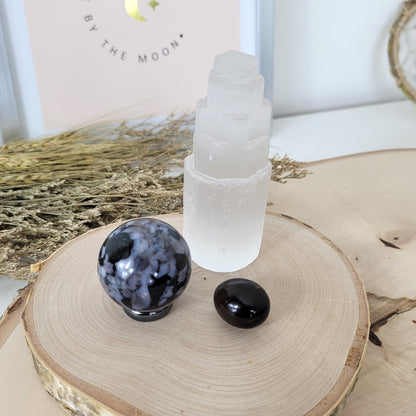 Set "Zwischenwelten" Indigo Gabbro Kugel, Selenit Turm, Rauchquarz Trommelstein, mit kraftvoller Set Beschreibung