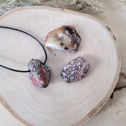 Set "Urkraft" Leoparden Jaspis Kette, Leoparden Jaspis Trommelstein, Achat Geode, mit kraftvoller Set Beschreibung