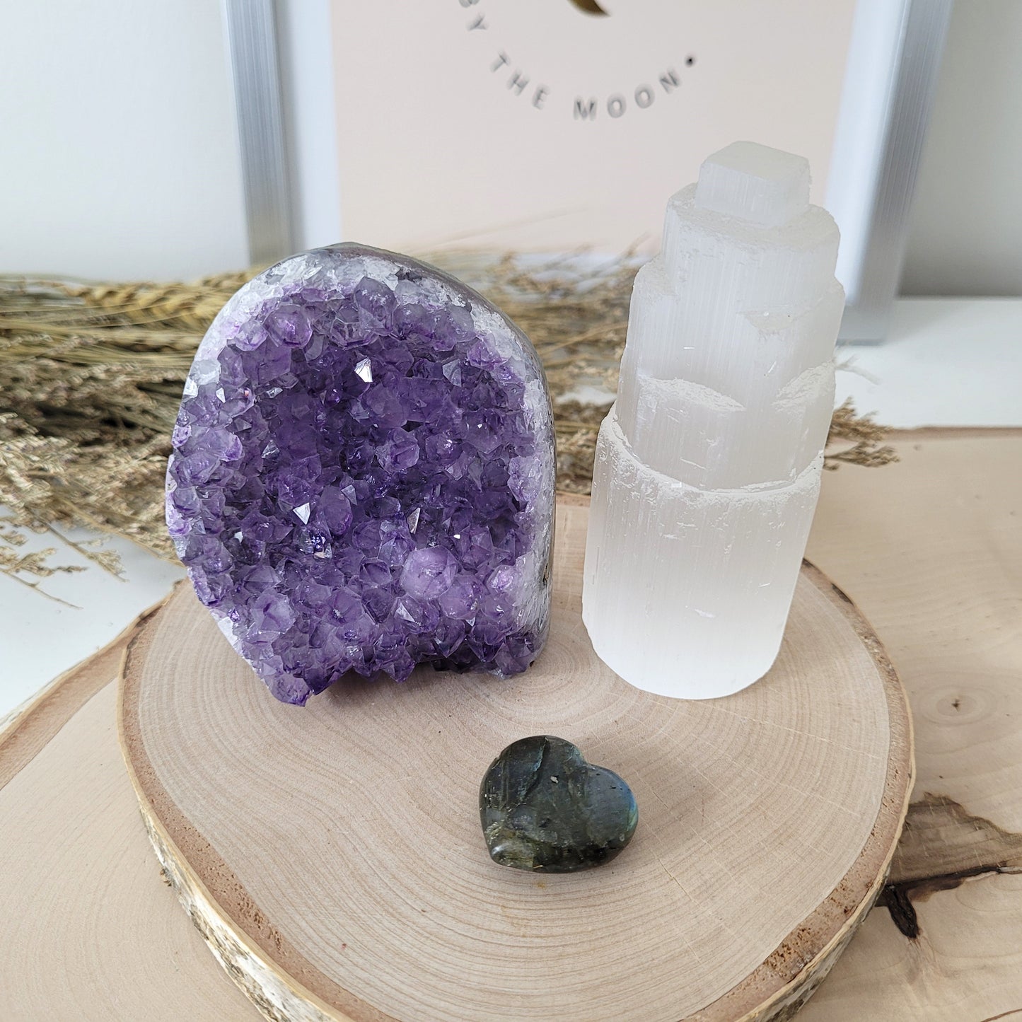 Set "Traumhüter" Amethyst Kristalldruse, Selenit Turm, Labradorit Herz, mit kraftvoller Set Beschreibung