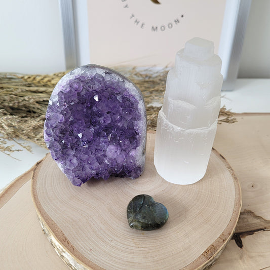 Set "Traumhüter" Amethyst Kristalldruse, Selenit Turm, Labradorit Herz, mit kraftvoller Set Beschreibung